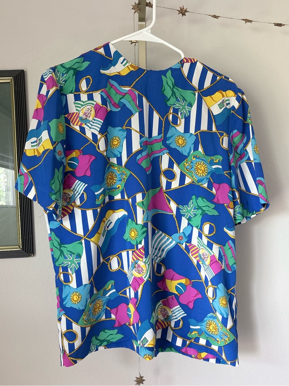 Vintage Donovan-Galvani of Dallas Nautical Flag Print Silk Blouse Top 80s/90s
